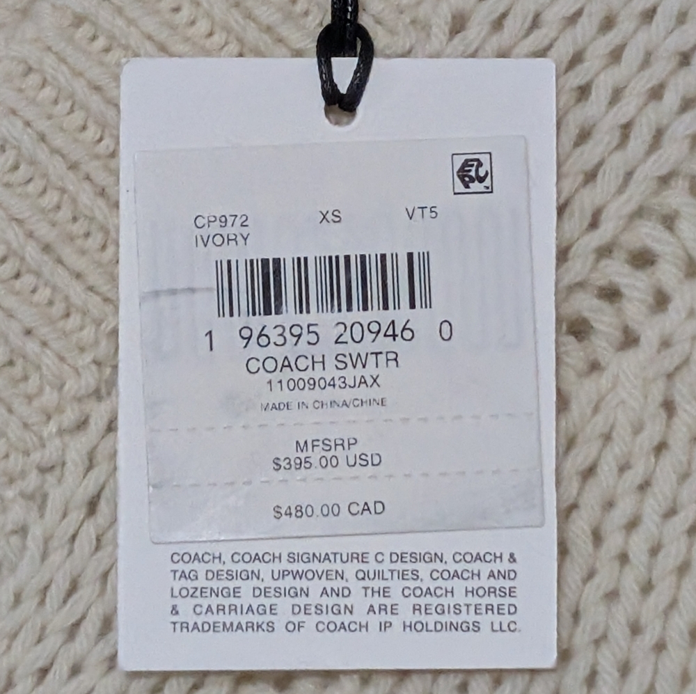Coach Ivory Braided Cable Knit V-neck Wool Sweater, Embroidered Logo Size XS NWT - Picture 8 of 11